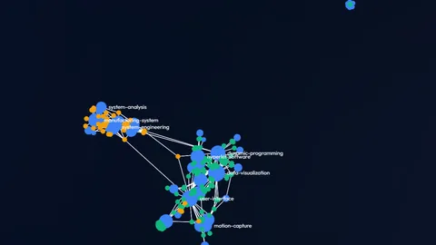 Large-scale network graph layout with organically distributed content clusters and delicate edges rendered on a dark background