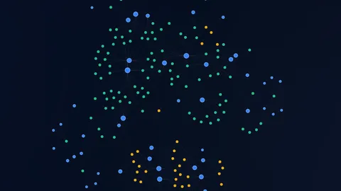 Two-dimensional node network with dynamic data clusters and fine interconnecting edges rendered on a dark background